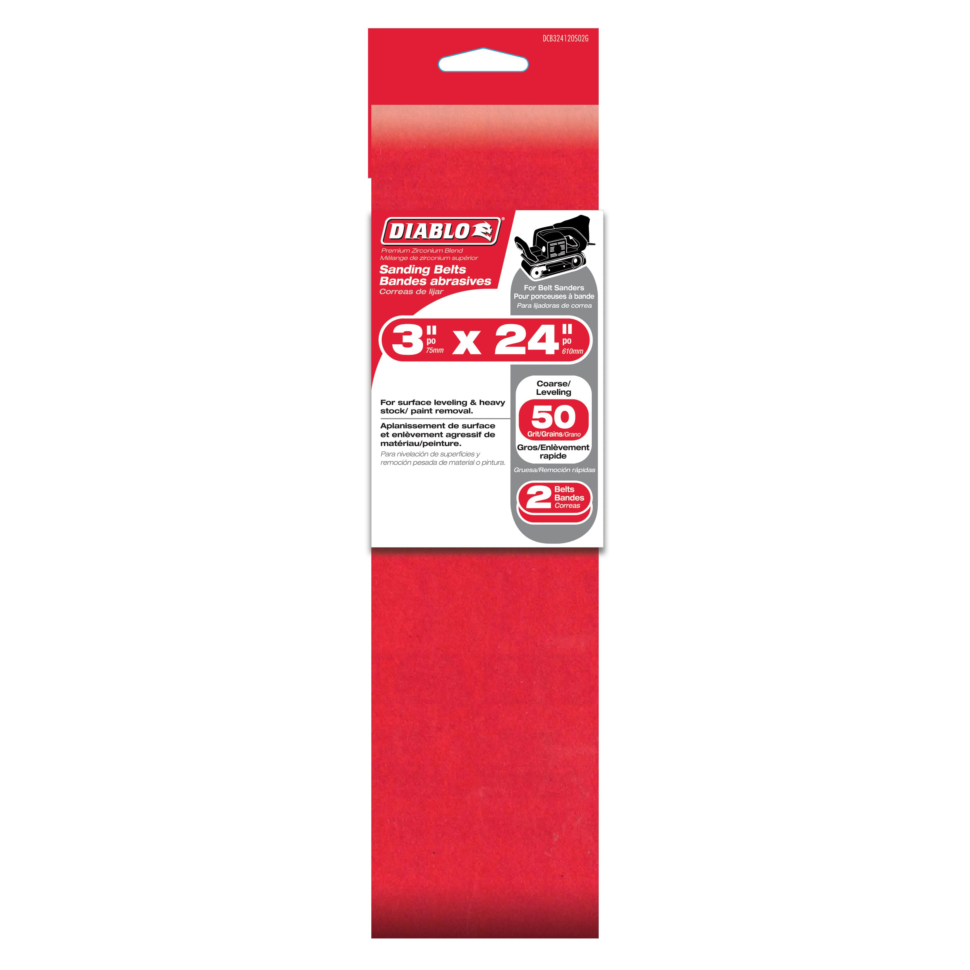 Two red Diablo sanding belts, 3 inches by 24 inches, 50 grit, in retail packaging.
