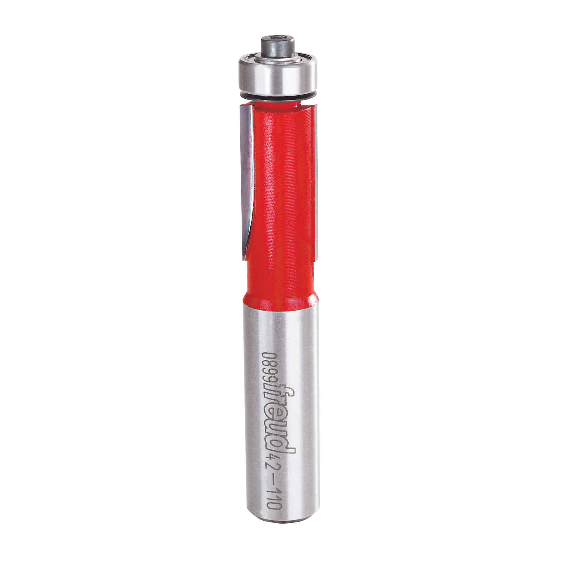 Freud bearing flush trim bit with red plastic body, silver metal shaft and top collar, model number visible on shaft.
