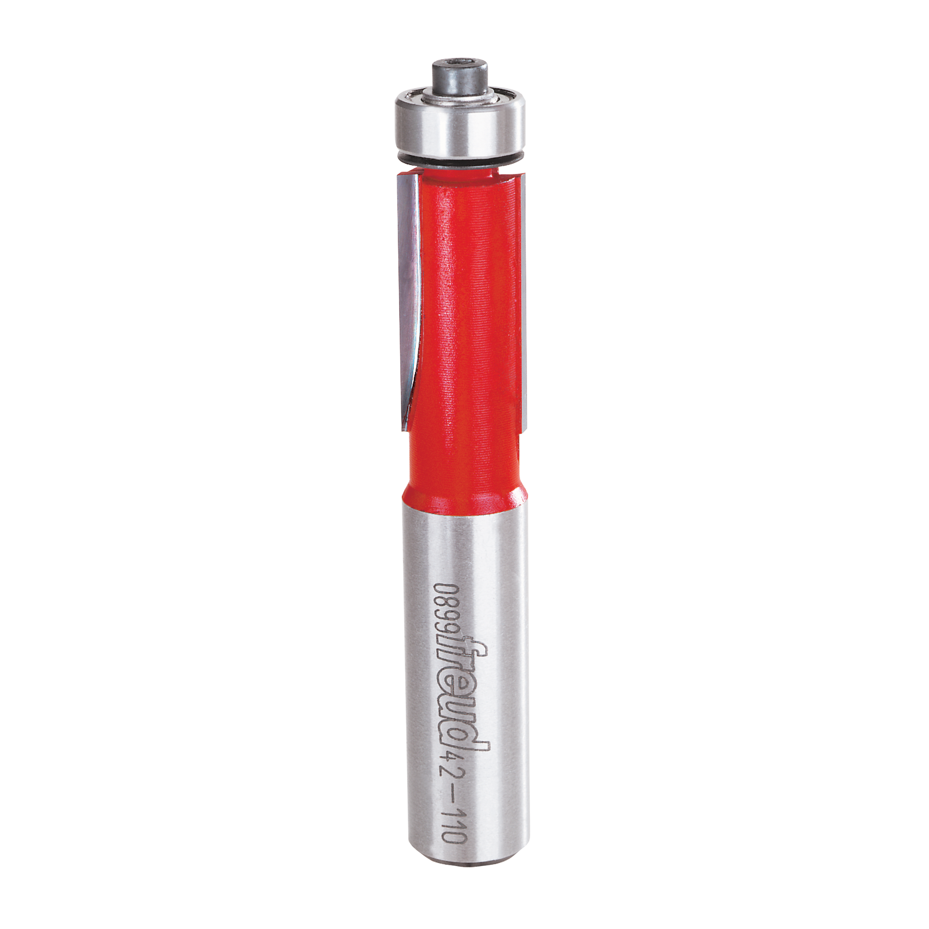 Freud bearing flush trim bit with red plastic body, silver metal shaft and top collar, model number visible on shaft.