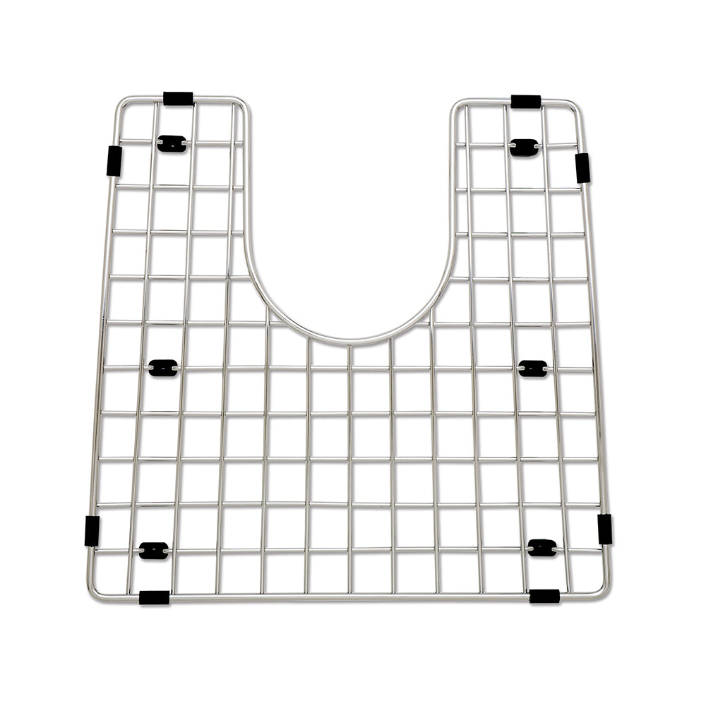 Stainless steel sink grid with square grid pattern and black rubber feet, curved center cutout for faucet clearance.