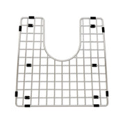 Stainless steel sink grid with square grid pattern and black rubber feet, curved center cutout for faucet clearance.