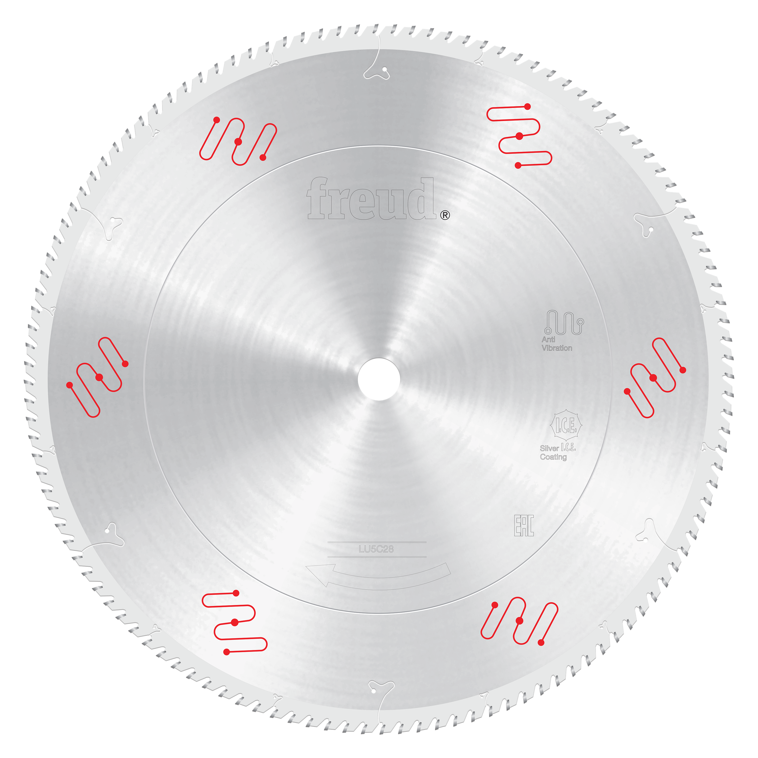 Silver circular saw blade with fine teeth and red markings around the edge, center arbor hole visible.