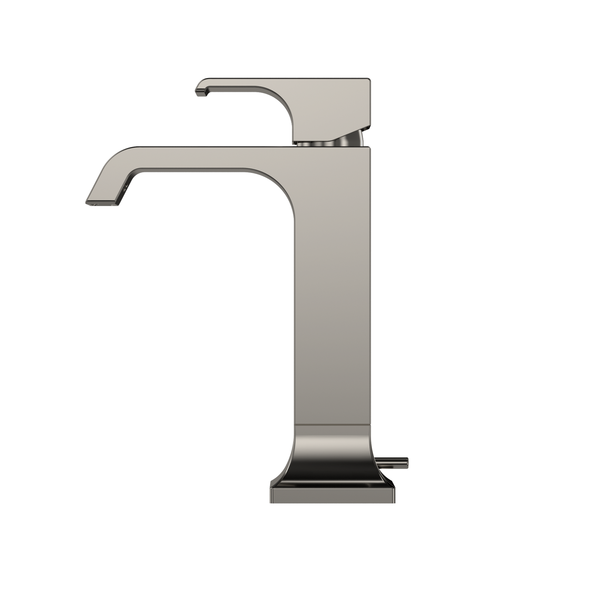 Polished nickel single-handle bathroom sink faucet with curved spout and tall rectangular body.