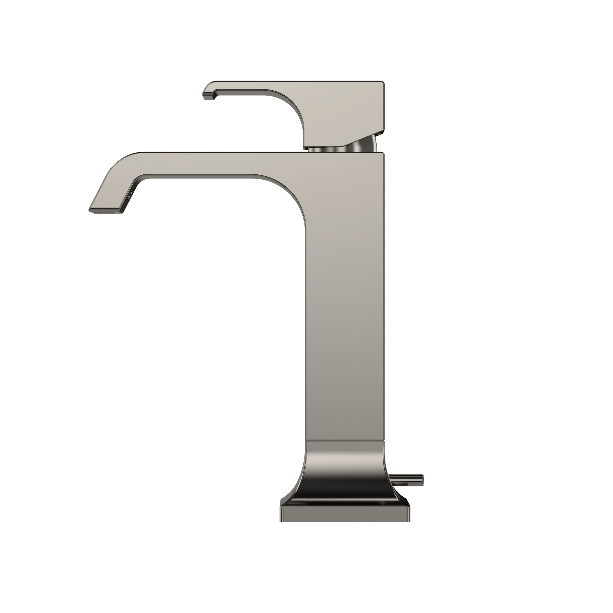 Polished nickel single-handle bathroom sink faucet with curved spout and tall rectangular body.