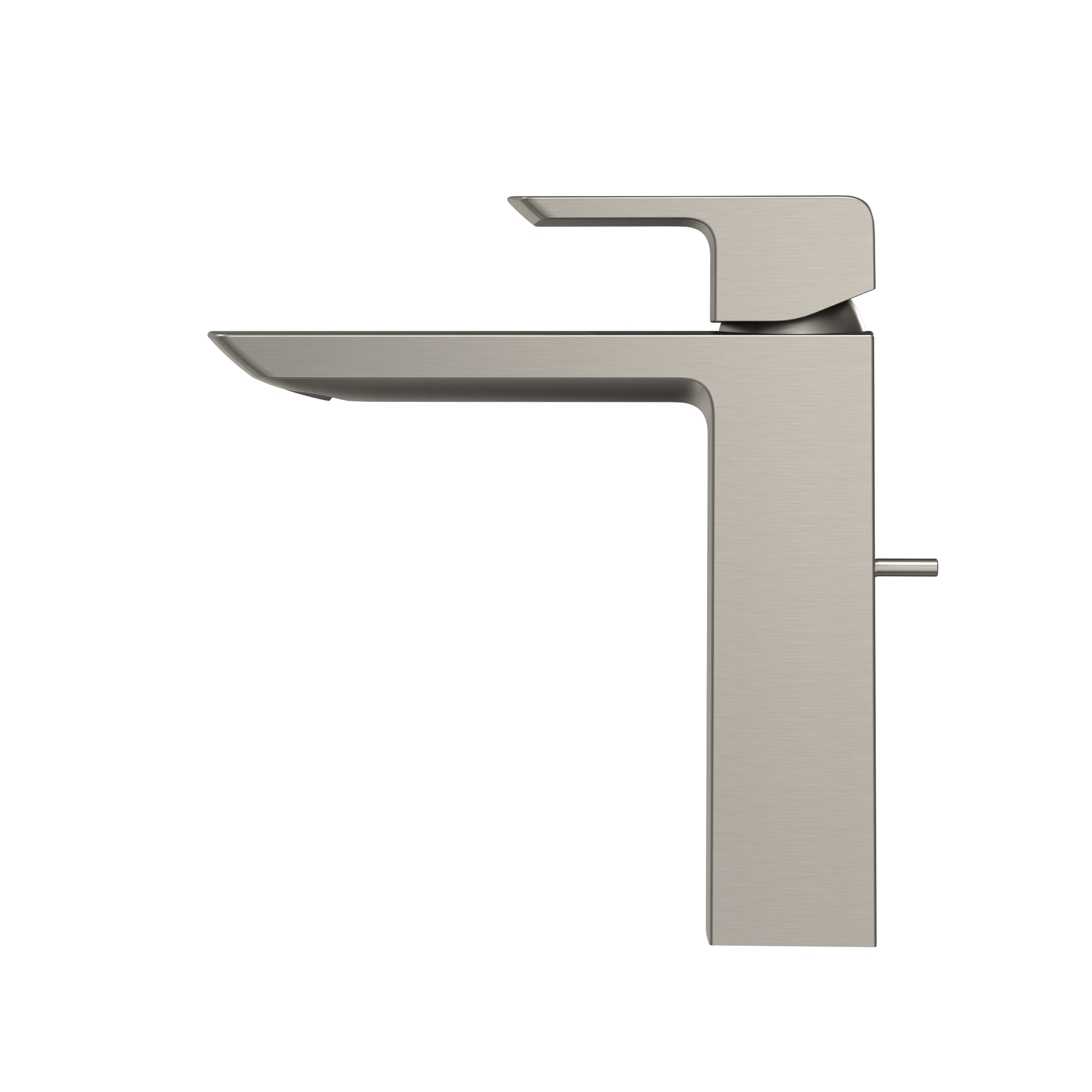 Brushed nickel single-handle bathroom sink faucet with curved spout and tall rectangular body.