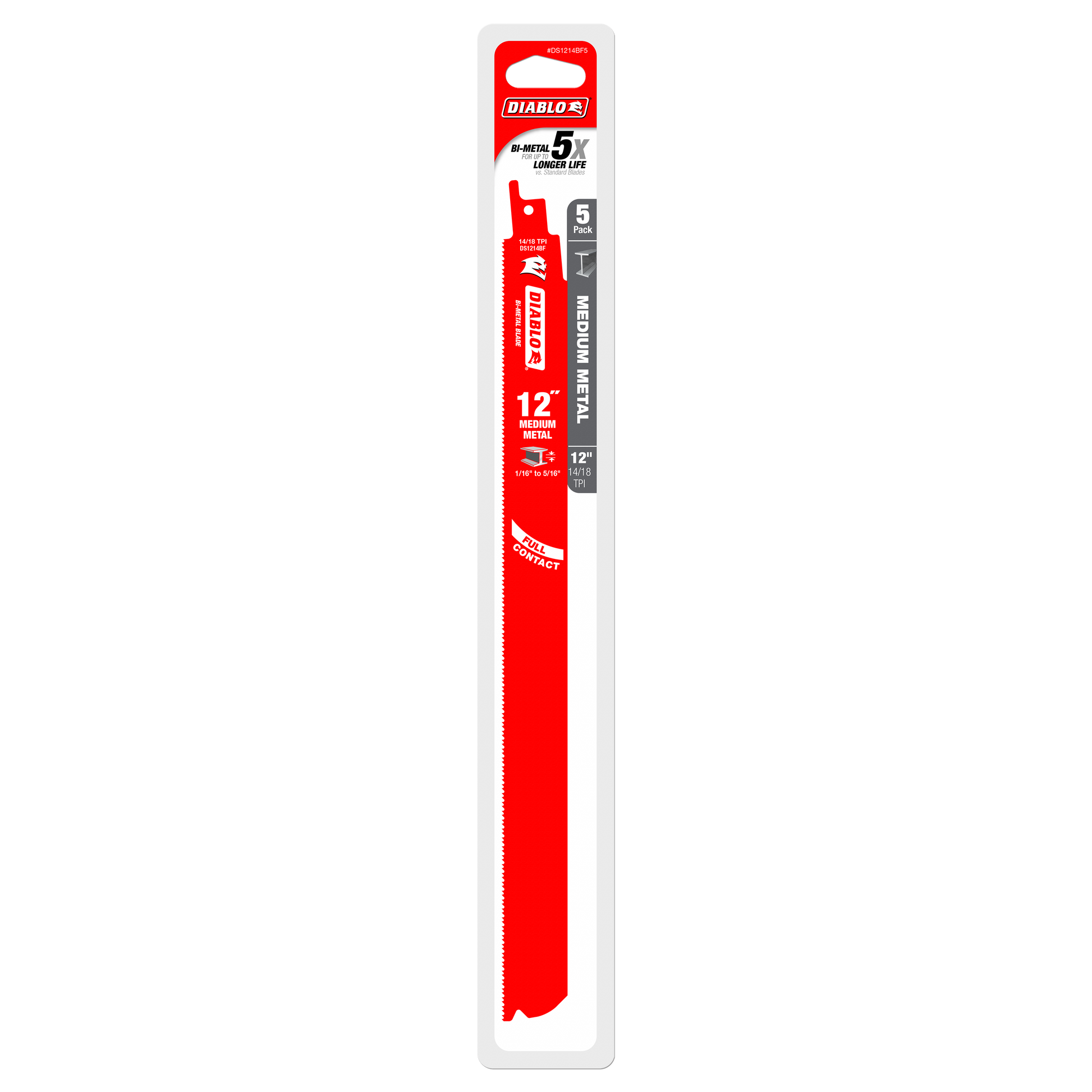 Five Diablo bi-metal reciprocating saw blades with red coating, 12 inches long, in clear packaging with product information.