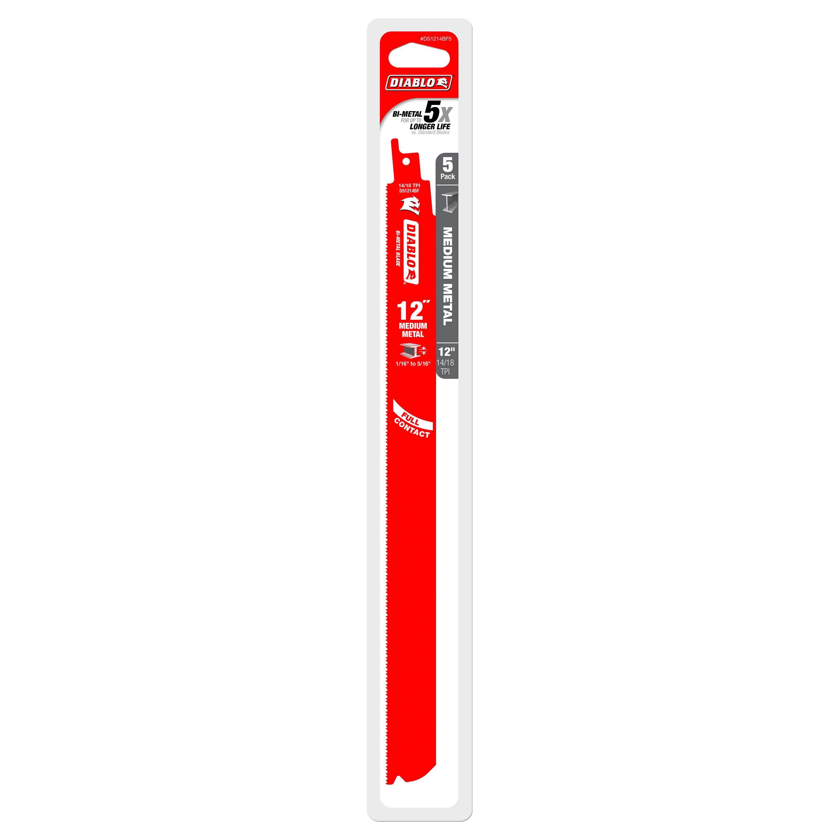 Five Diablo bi-metal reciprocating saw blades with red coating, 12 inches long, in clear packaging with product information.