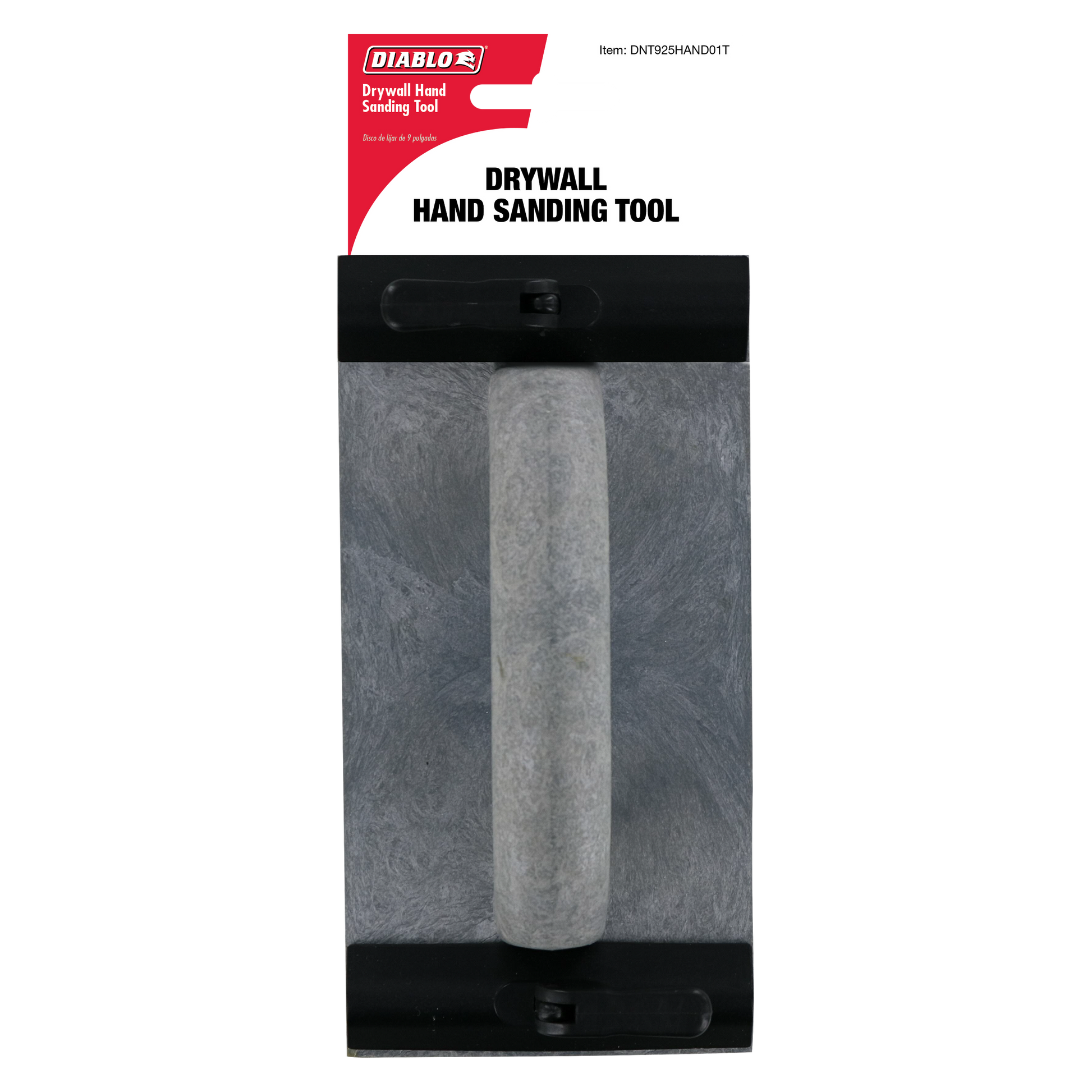 Black drywall hand sanding tool with gray foam sanding pad in center, displayed on red and white branded packaging.