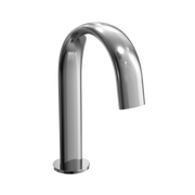 Polished chrome gooseneck bathroom faucet with curved spout and round base.