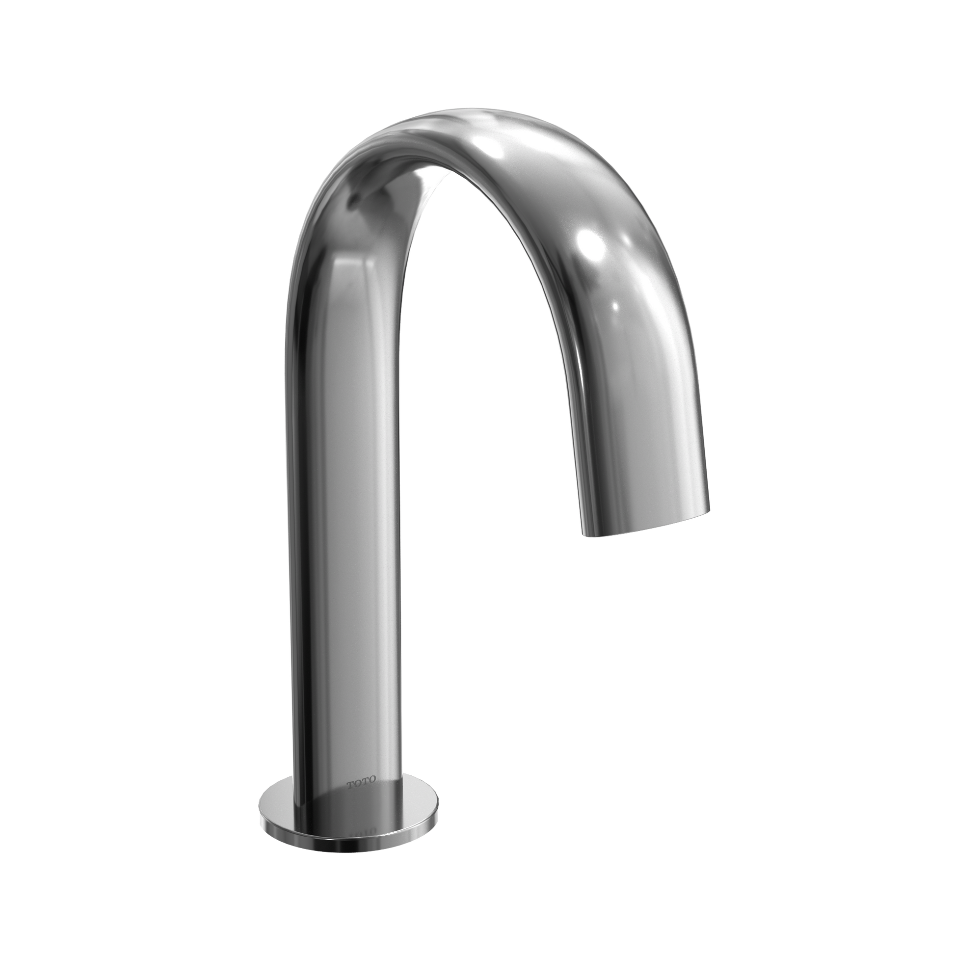 Polished chrome gooseneck bathroom faucet with curved spout and round base.