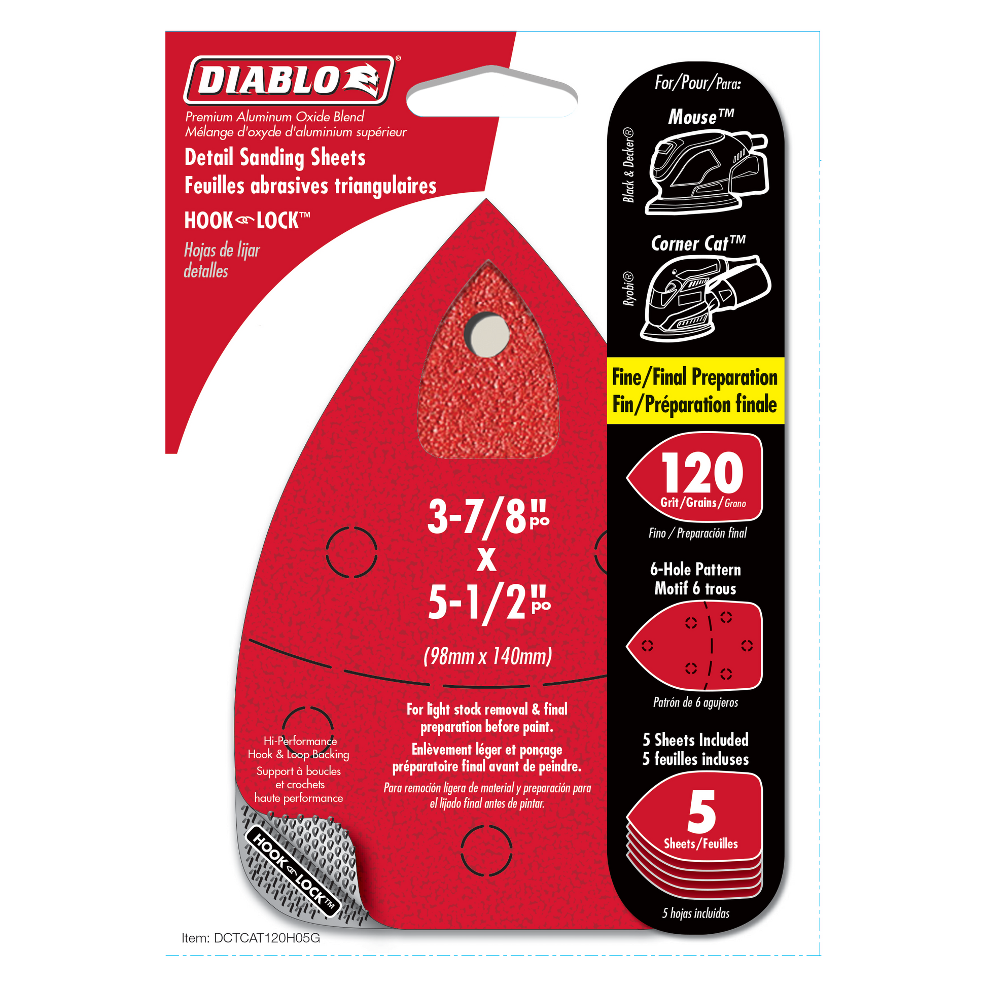 Five red triangular detail sanding sheets with hook-and-lock backing, 120 grit, for mouse sanders.