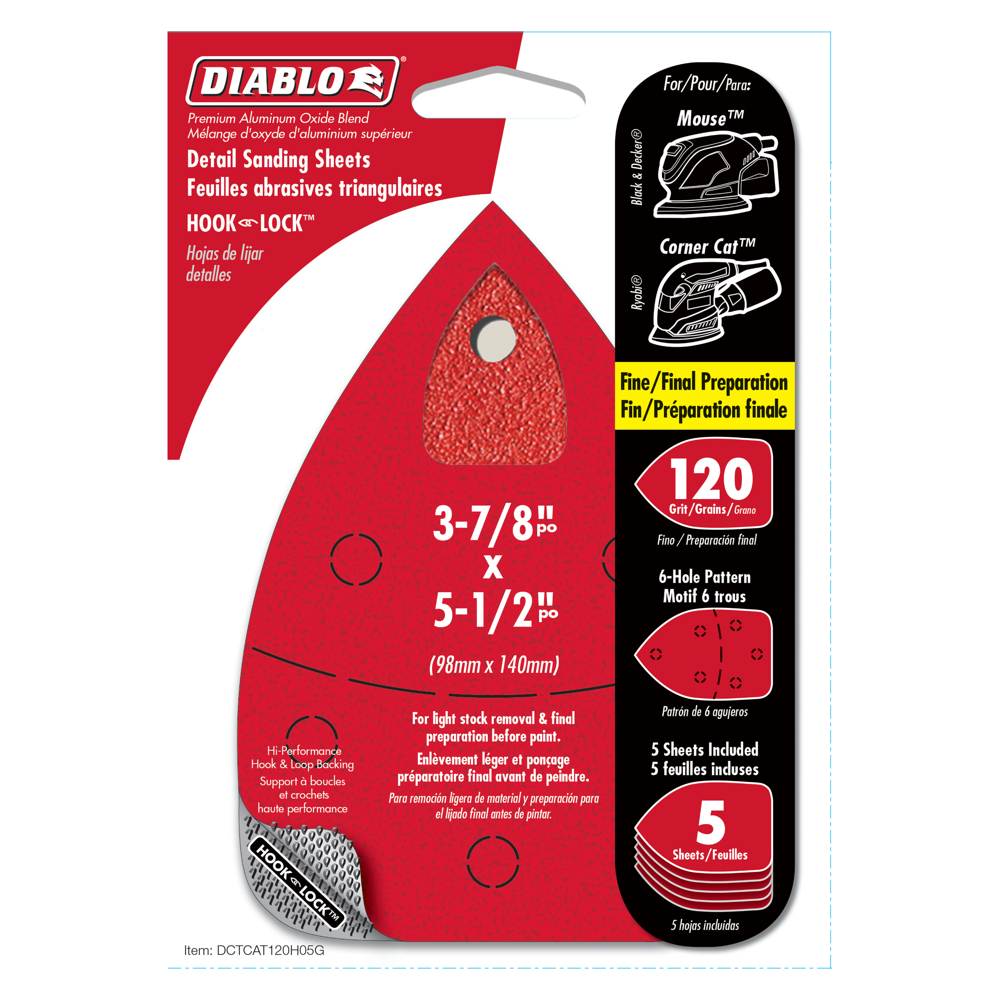 Five red triangular detail sanding sheets with hook-and-lock backing, 120 grit, for mouse sanders.