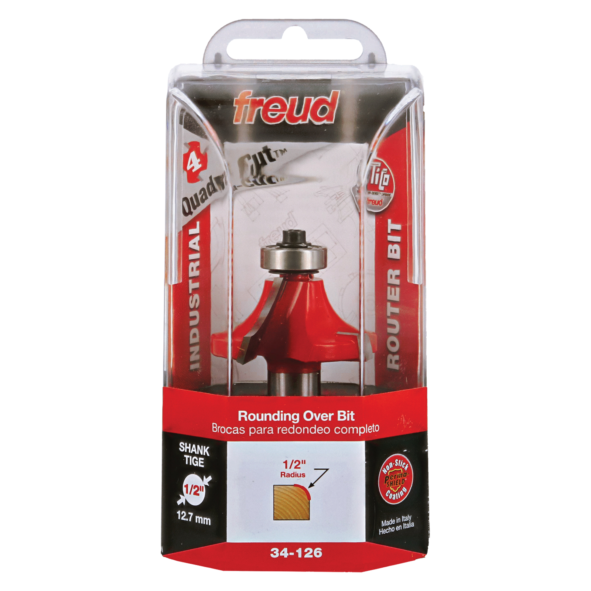 Red Freud rounding over router bit with 1/2" radius in clear plastic clamshell packaging with product details.