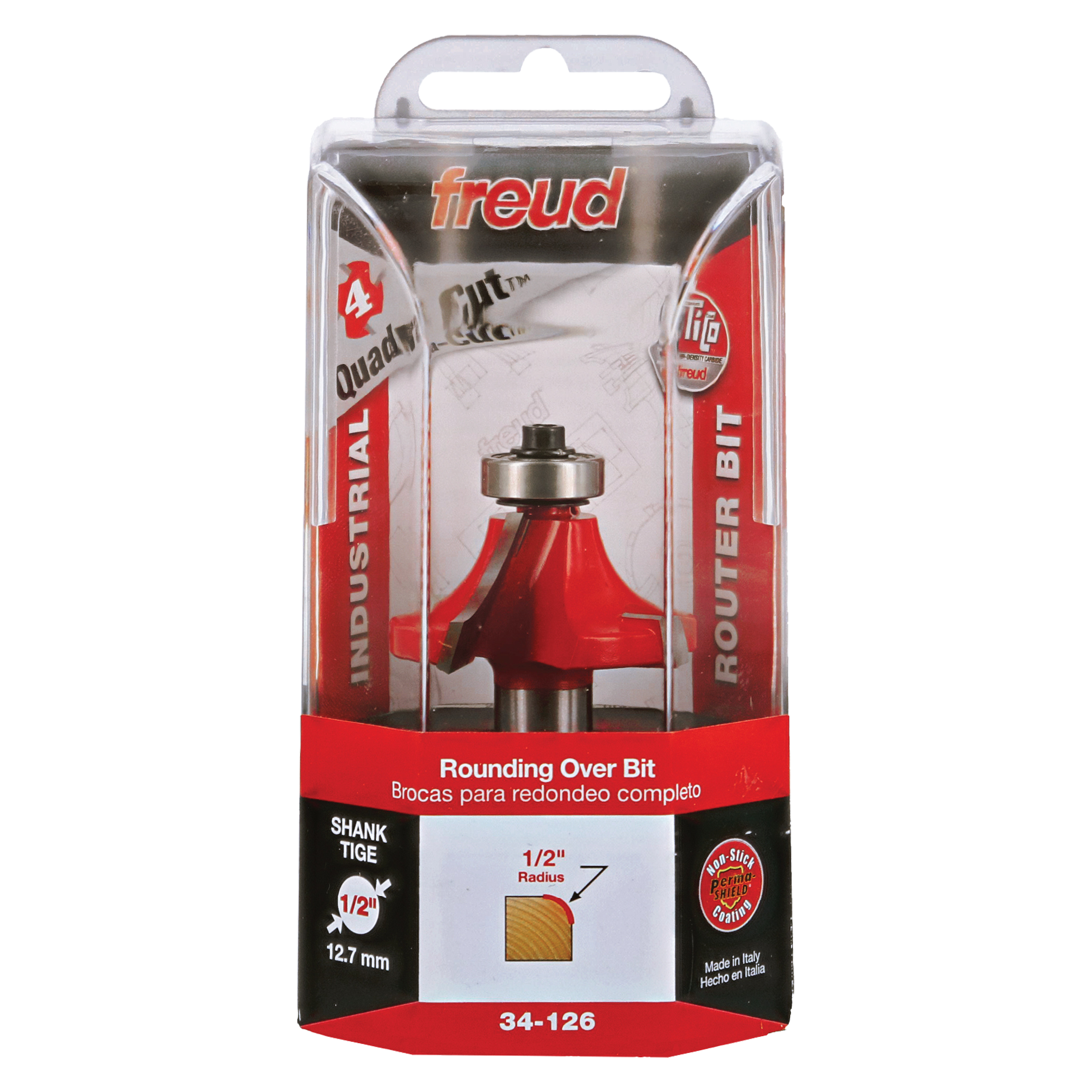 Red Freud rounding over router bit with 1/2" radius in clear plastic clamshell packaging with product details.
