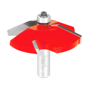 Red and gray raised panel router bit with silver shank and gray cutting blades.