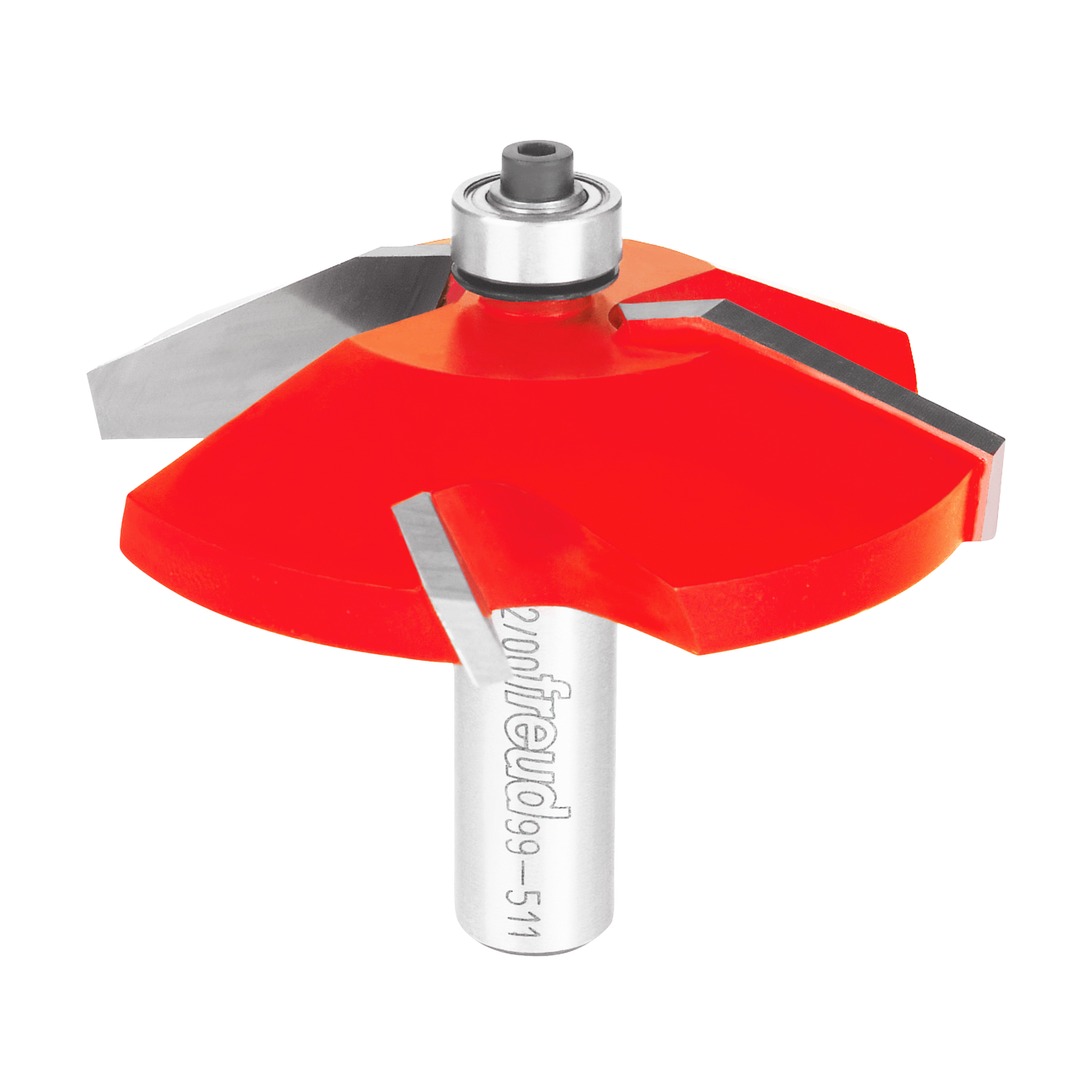 Red and gray raised panel router bit with silver shank and gray cutting blades.