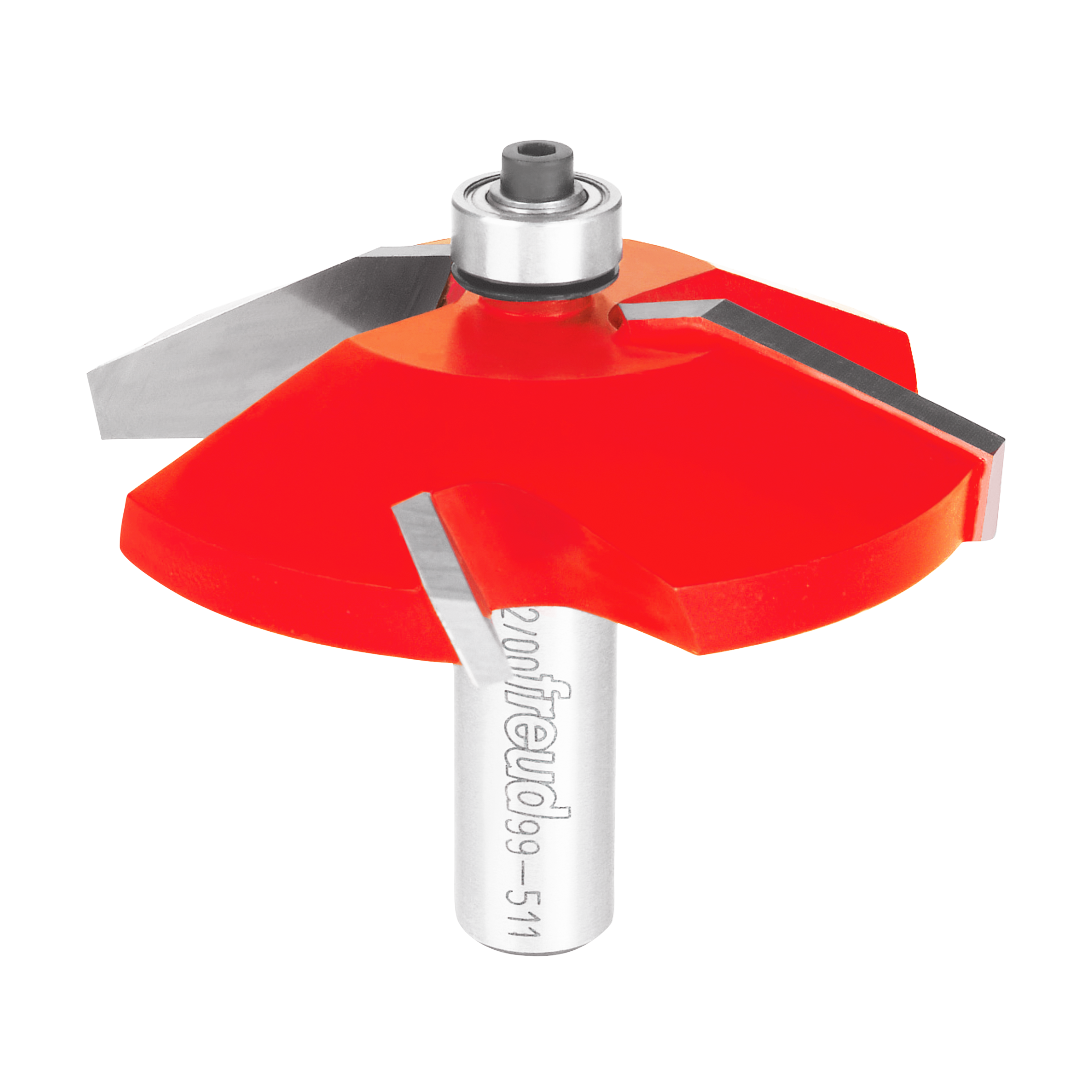 Red and gray raised panel router bit with silver shank and gray cutting blades.