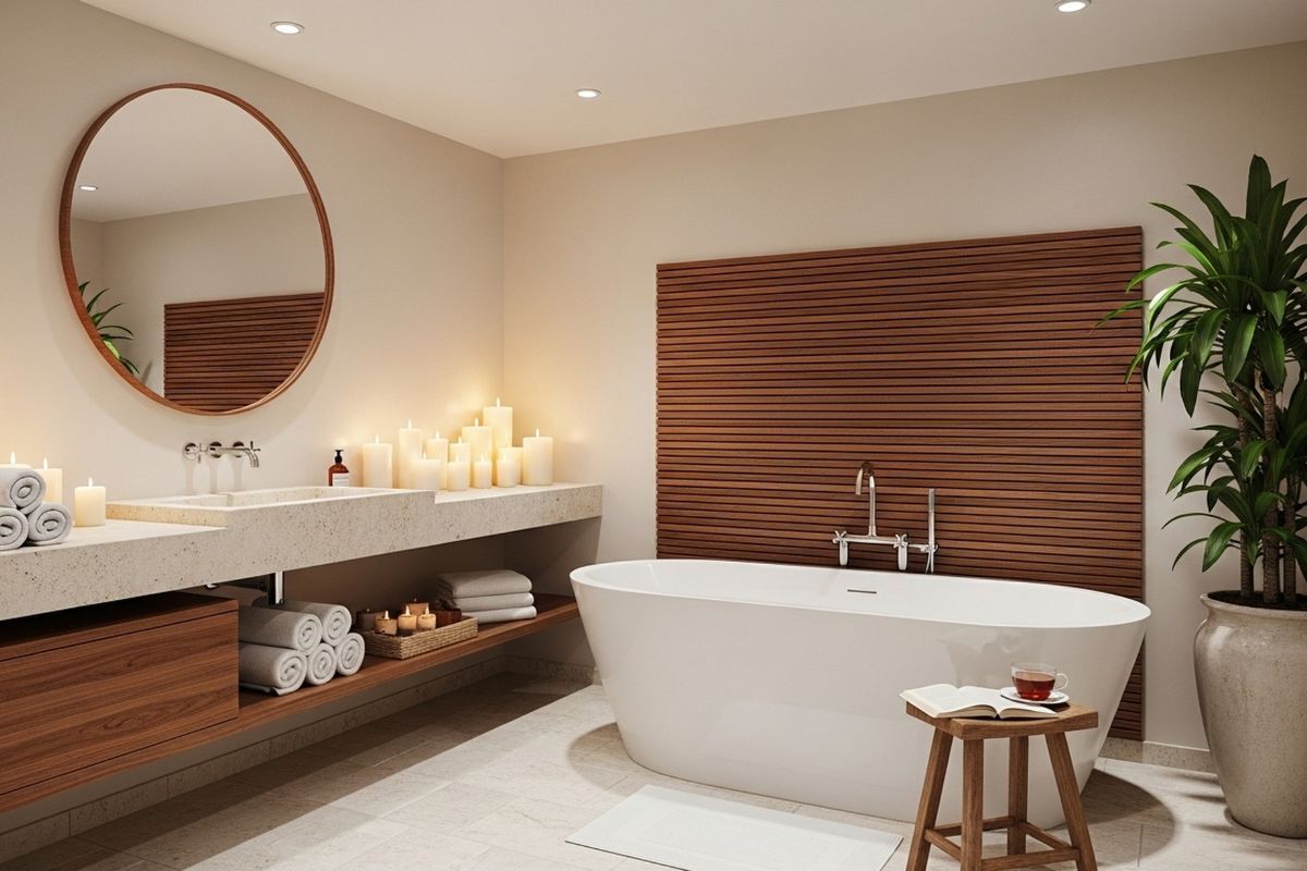 Clean Lines, Soft Whites, and Minimalist Design A minimalist bathroom with clean lines and soft whites that make it a spa-like bathroom design