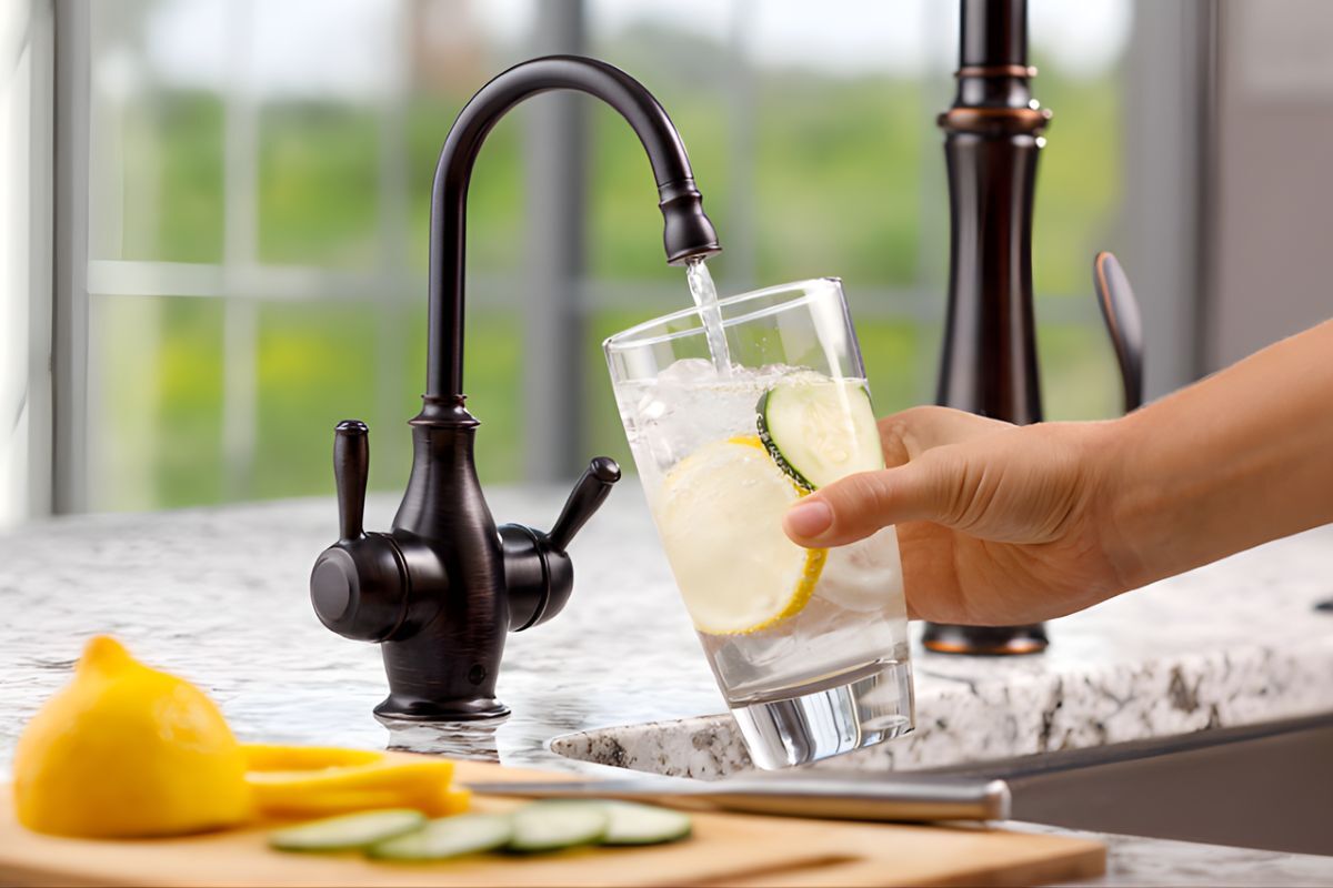 A kitchen in the summer with a hand filling up a glass with cold water from the Insinkerator instant cold water dispenser
