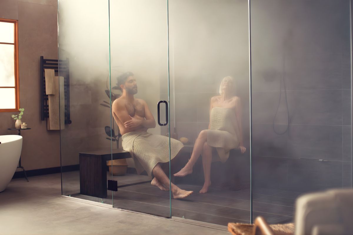Mr.Steam MS150EC1 Steambath Generator A man and a woman sitting in a glass steam shower that is being heated with the with the Mr.Steam MS150EC1 Steambath Generator