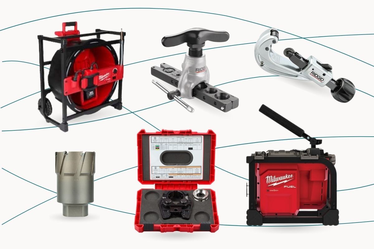 A collection of discounted RIGID and Milwaukee tools from Plumbing Deals' Stock Your Van Sale for World Plumbing Day