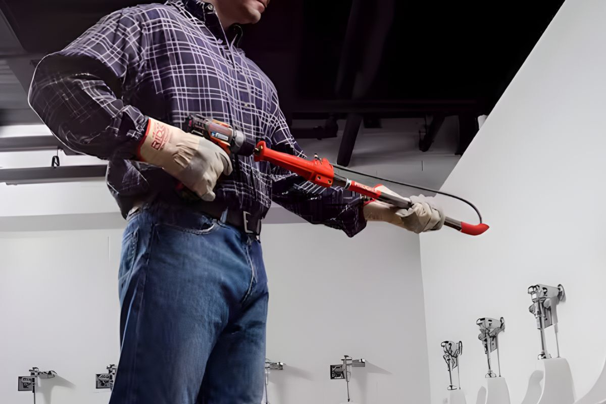 K-1 Combination Telescoping Drain Auger with C-Style Cutter Head A male plumber holding the K-1 Combination Telescoping Drain Auger with C-Style Cutter Head over a urinal to snake it