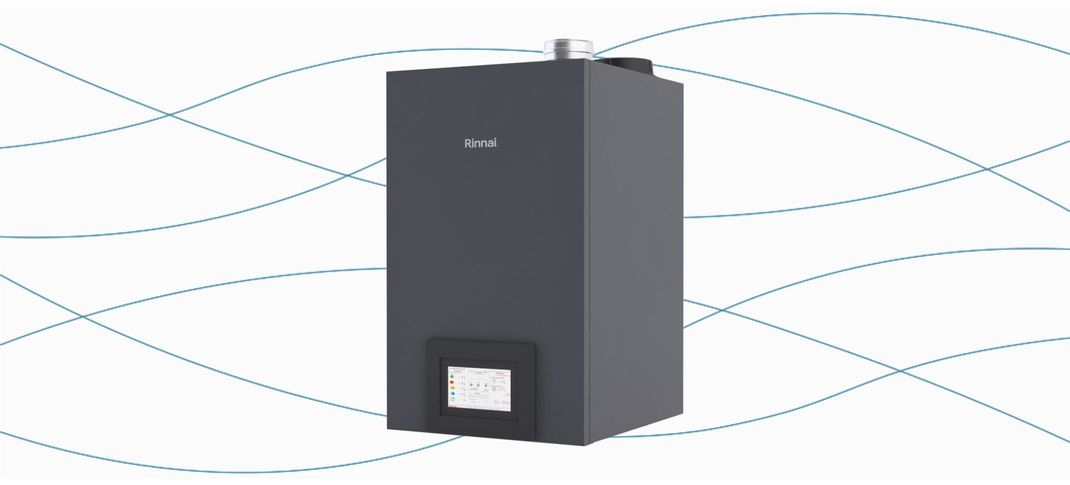 The Rinnai RCB Series 301,000 BTU Indoor Natural Gas Wall Mounted Commercial Condensing Solo Boiler on a plain background