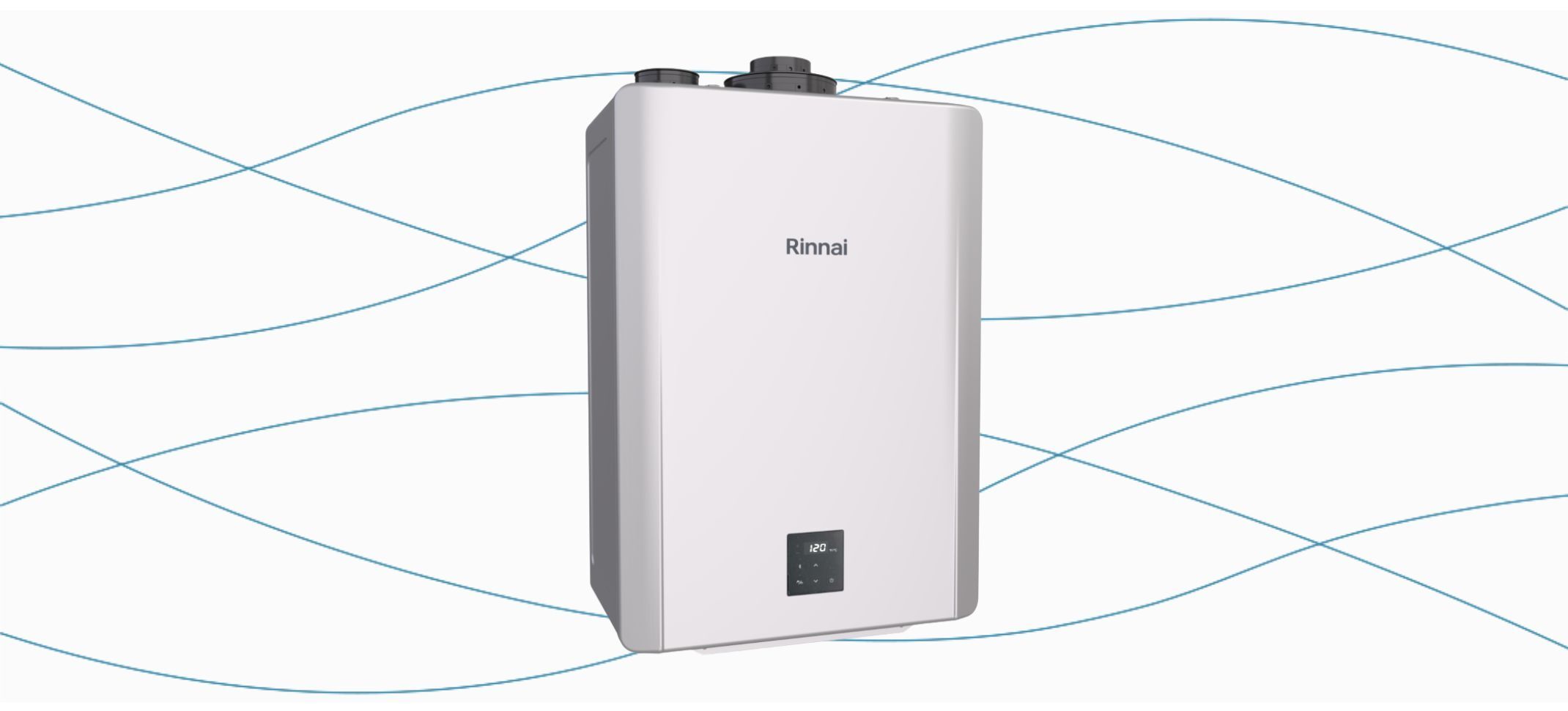 The Rinnai RX Series 11.1 GPM 199,000 BTU Indoor Outdoor Condensing Tankless Water Heater with Integrated Pump on a plain background