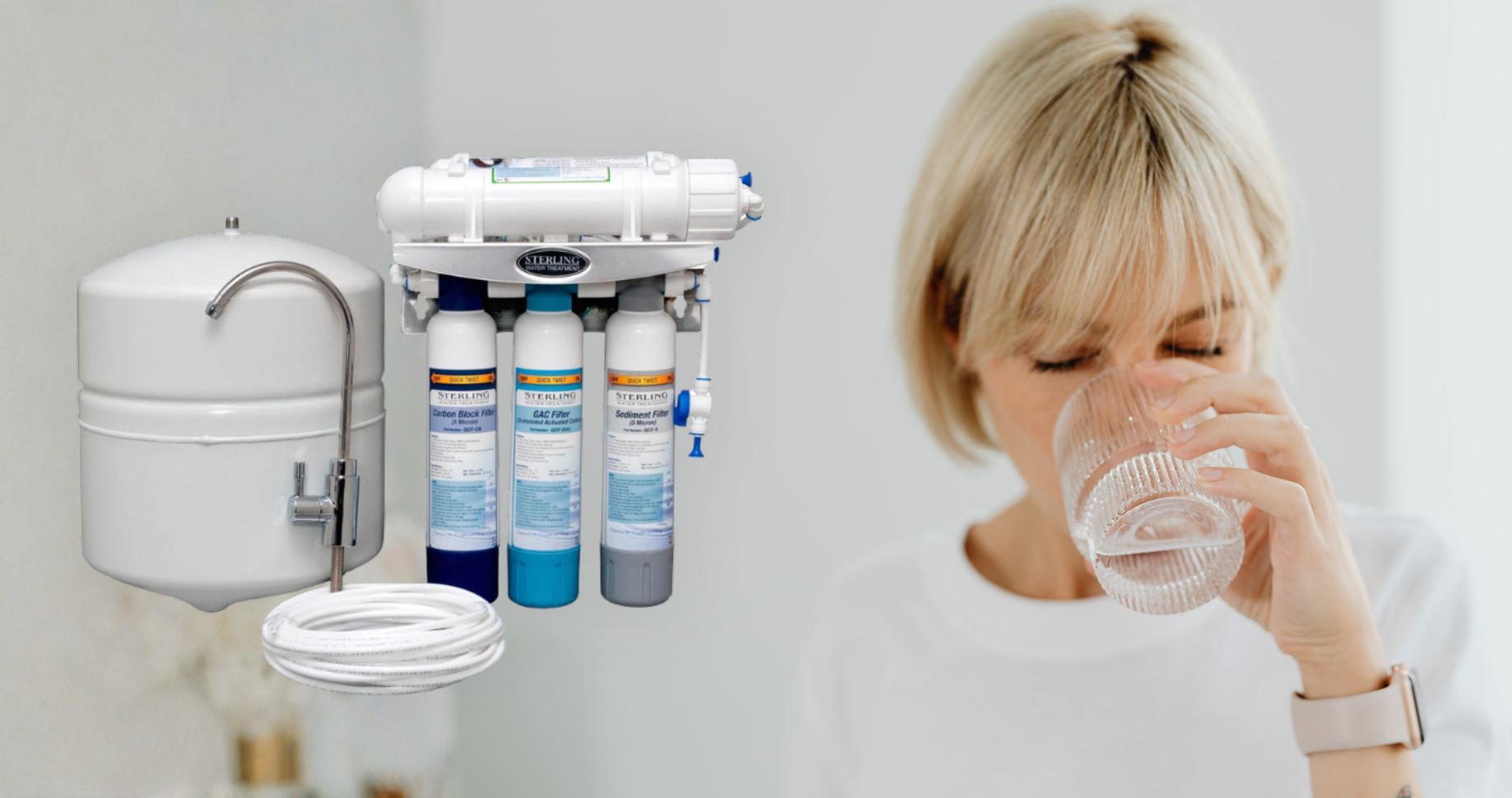 A woman with blonde hair drinking a glass of water next to an image of the Sterling Water Treatment QCRO Series 5-Stage Reverse Osmosis System