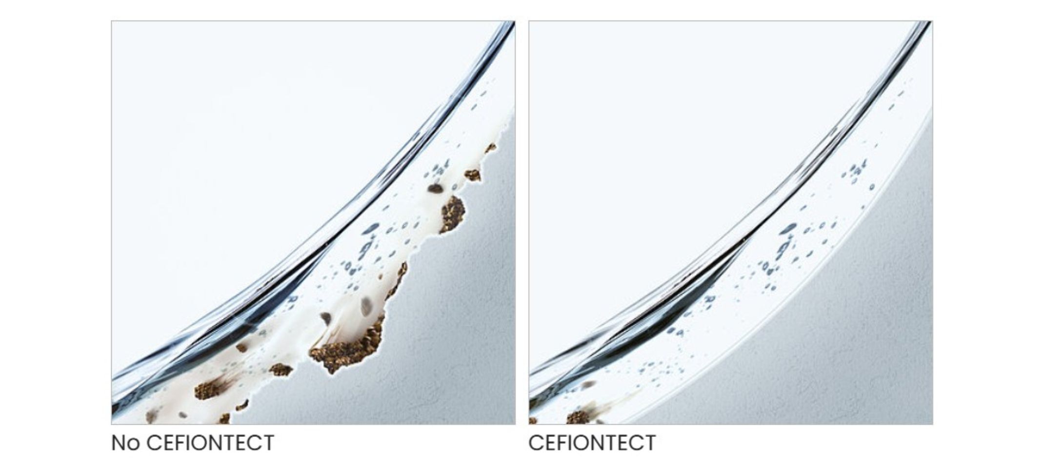 A close-up visual of how toilet waste and water builds up on the bowl without the CEFIONTECT glaze from TOTO and how it easily slides off the bowl with CEFIONTECT glaze
