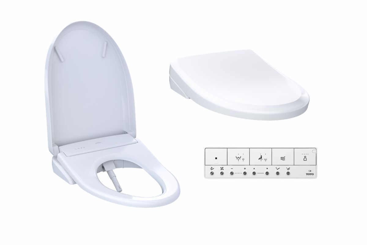 A white background with the TOTO S7A Washlet in the lid open and closed position and the remote