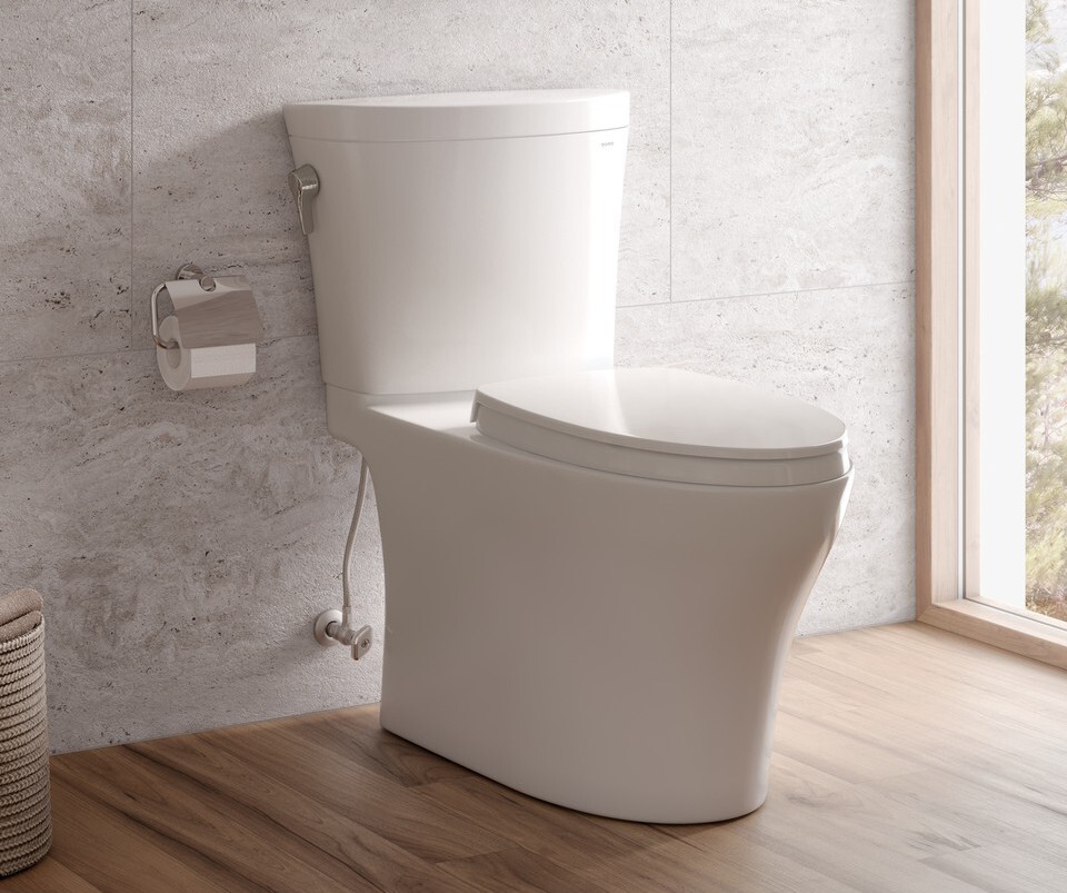 Old or Ineffective Toilets The Toto Aquia IV Arc Two Piece Elongated Auto Flush Washlet+ Ready Universal Height Toilet with CEFIONTECT Dual Flush 0.9 and 1.28 GPF