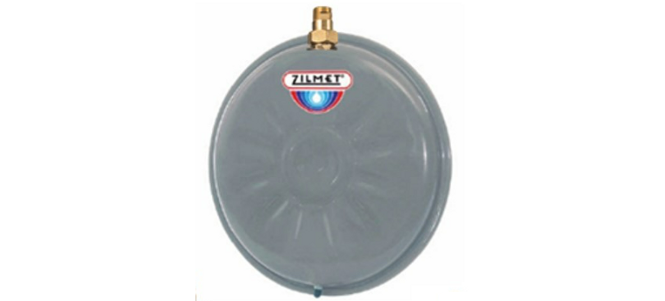 Zilmet ZFT8C 2.1 gal flat round hydronic tank with 1/2" NPT connection, union (two-way check valve), and welded bracket