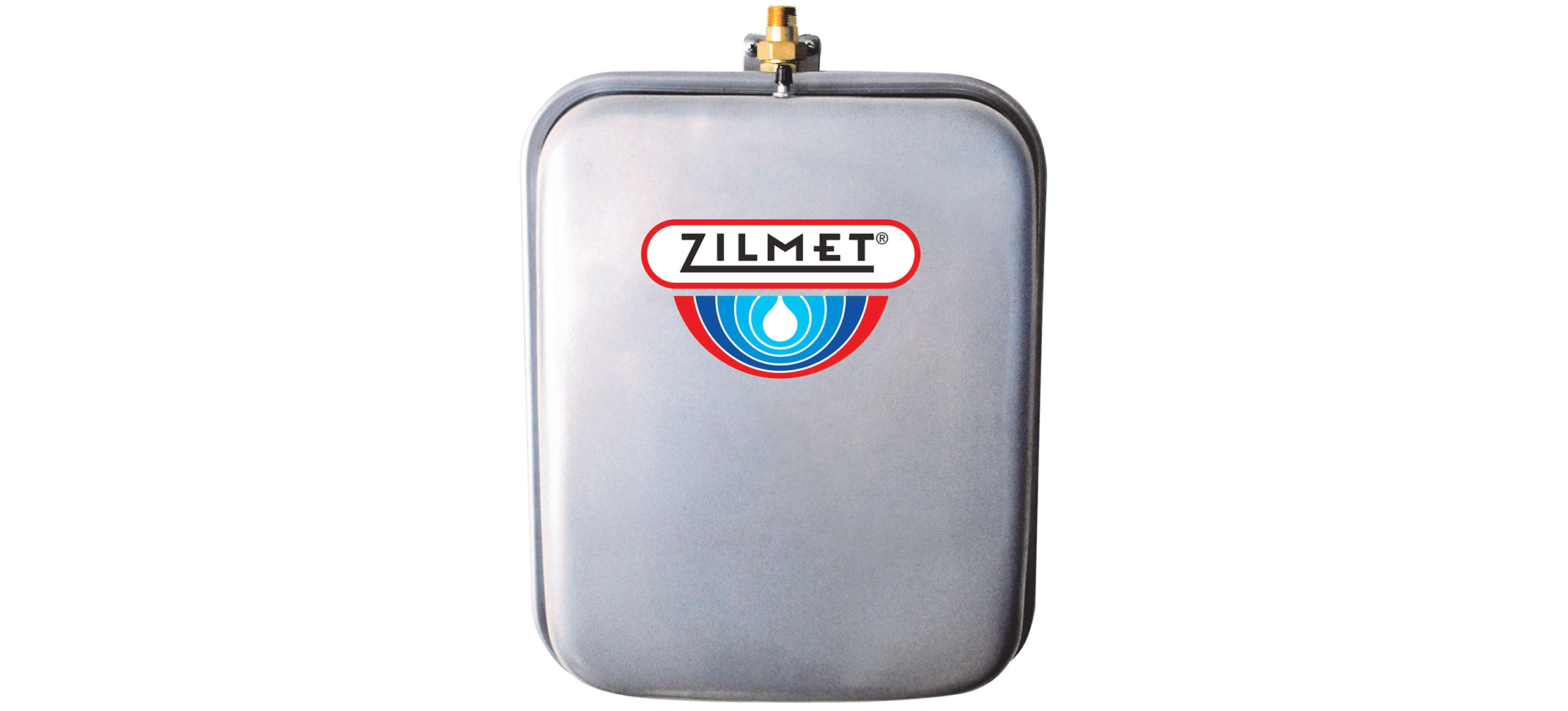 Zilmet ZFT8R 2.1 gal flat rectangular hydronic tank with 1/2" NPT connection, union (two-way check valve), and welded bracket